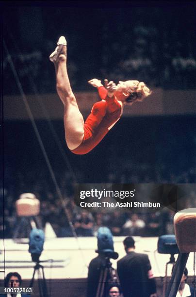 Vera Caslavska of Czechoslovakia competes in the Horse Vault of the Women's Artistic Gymnastics Individual All-Around during the Tokyo Olympics at...