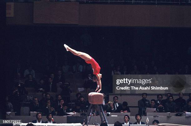 Larysa Latynina of Soviet Union competes in the Horse Vault of the Women's Artistic Gymnastics Individual All-Around during the Tokyo Olympics at...