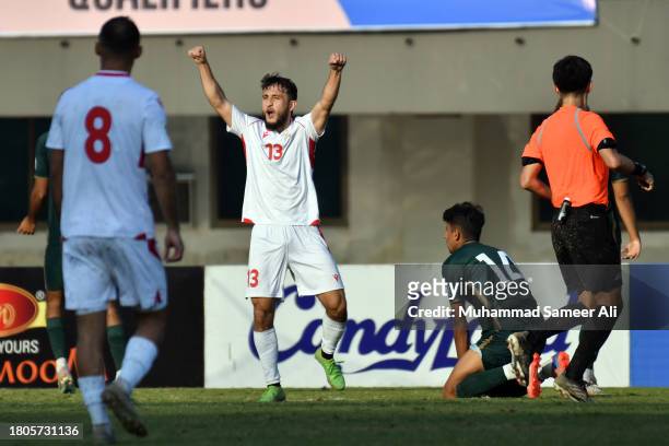 Amadoni Kamolov celebrates 6th goal of Tajikistan in 2nd Half during the 2026 FIFA World Cup AFC Qualifier Group G match between Pakistan and...