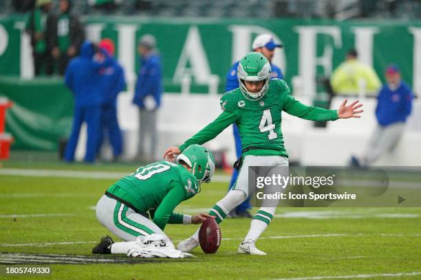 Philadelphia Eagles place kicker Jake Elliott warms up during the game between the Buffalo Bills and the Philadelphia Eagles on November 26, 2023 at...