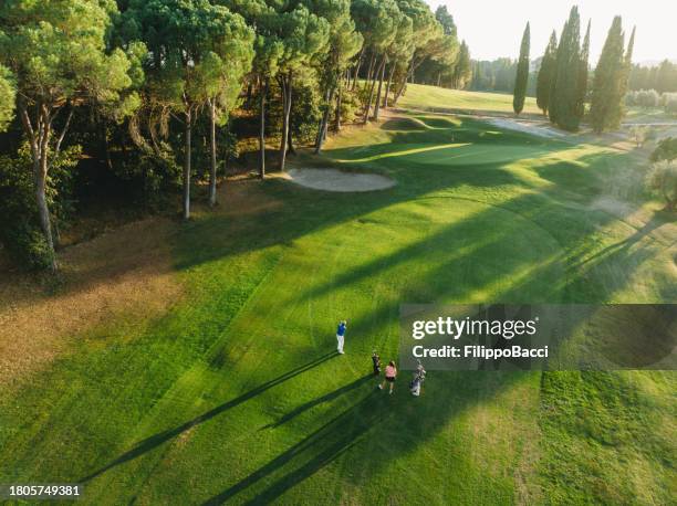 aerial view of three people golfing together - golf caddy stockfoto's en -beelden