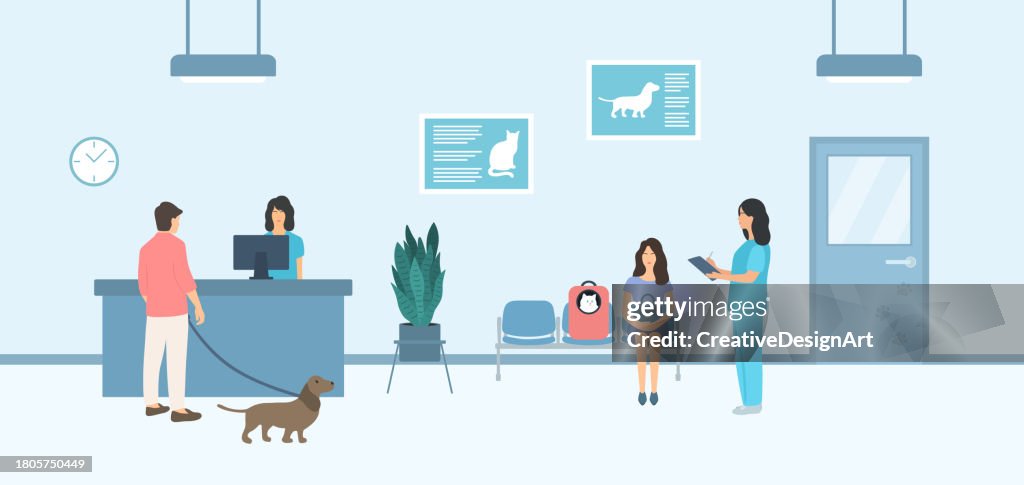 People With Their Pets Waiting For Appointment Time At A Veterinary Clinic. Vet Medicine And Veterinary Care Concept