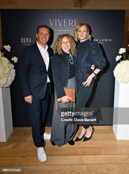 Kelly Hoppen CBE, Damian Hopkins CBE and Savannah Miller attend the London launch of Vivere by Savannah Miller at Luci on November 20, 2023 in...