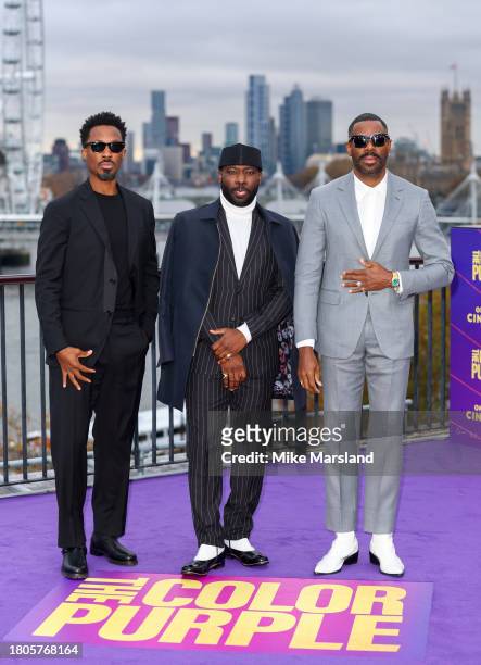 Corey Hawkins, Blitz Bazawule and Colman Domingo attend "The Color Purple" Photocall at IET Building: Savoy Place on November 21, 2023 in London,...