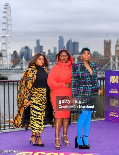 Taraji P. Henson, Danielle Brooks and Fantasia Barrino attend "The Color Purple" Photocall at IET Building: Savoy Place on November 21, 2023 in...