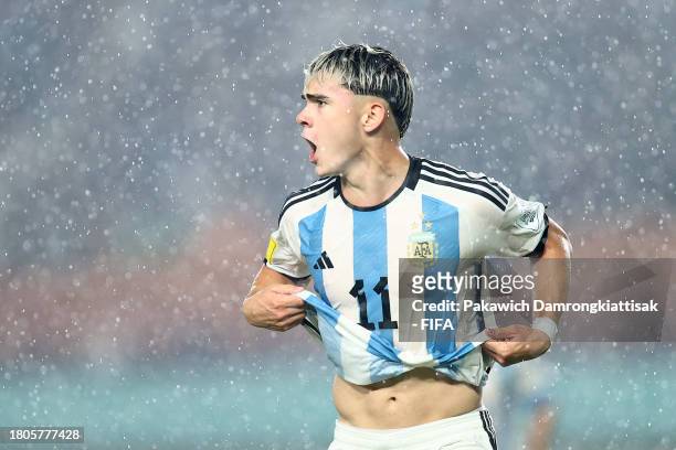 Santiago Lopez of Argentina celebrates after scoring the team's second goal during the FIFA U-17 World Cup Round of 16 match between Argentina and...