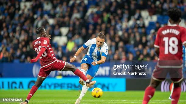 Martin Braithwaite of RCD Espanyol is in action during the LaLiga Hypermotion 2023 - 2024 match against AD Alcorcon at Stage Front Stadium in...