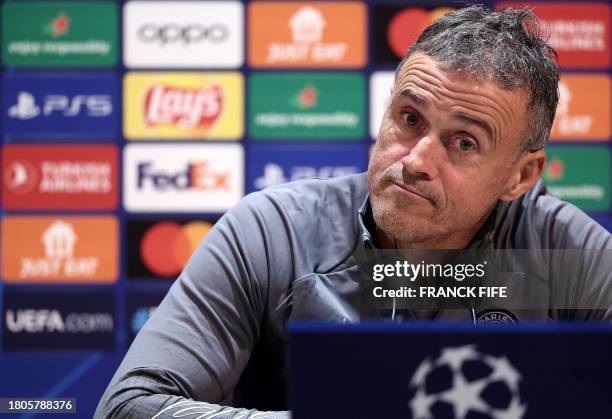 Paris Saint-Germain's Spanish head coach Luis Enrique gives a press conference in Poissy, outside Paris, on November 27 on the eve of their UEFA...