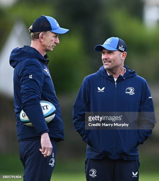 Dublin , Ireland - 27 November 2023; Leinster senior coach Jacques Nienaber and head coach Leo Cullen during a Leinster Rugby squad training at UCD...