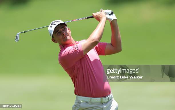 Christiaan Bezuidenhout of South Africa plays shot prior to the Joburg Open at Houghton GC on November 21, 2023 in Johannesburg, South Africa.