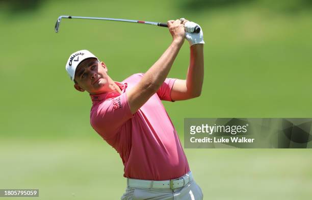 Christiaan Bezuidenhout of South Africa plays shot prior to the Joburg Open at Houghton GC on November 21, 2023 in Johannesburg, South Africa.