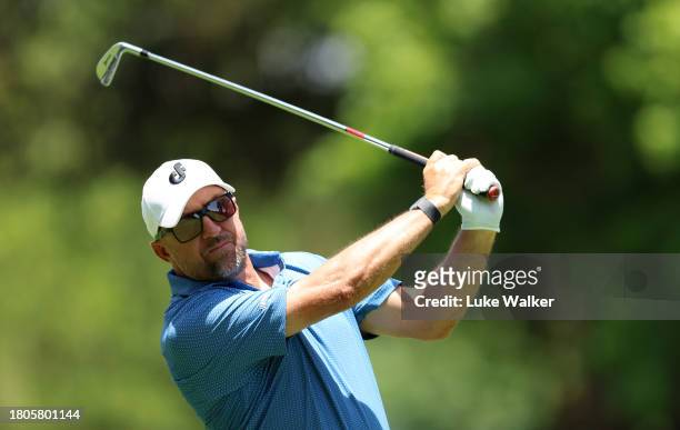 Darren Fichardt of South Africa plays a shot prior to the Joburg Open at Houghton GC on November 21, 2023 in Johannesburg, South Africa.