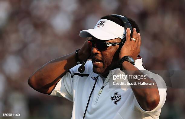 Head Coach Kevin Sumlin of the Texas A&M Aggies reacts to a play in the fourth quarter during the game against the Alabama Crimson Tide at Kyle Field...