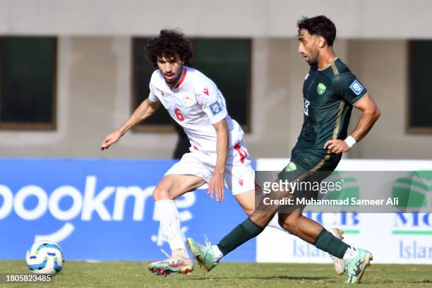 Imran Shahid Kayani of Pakistan shoots the ball against Vakhdat Khanonovof Tajikistan during the 2026 FIFA World Cup AFC Qualifier Group G match...