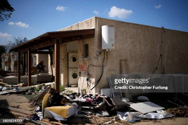 Destruction still remains after the October 7th Hamas attacks at Kibbutz Kfar Aza close the Gaza border on November 21, 2023 in Kfar Aza Israel....