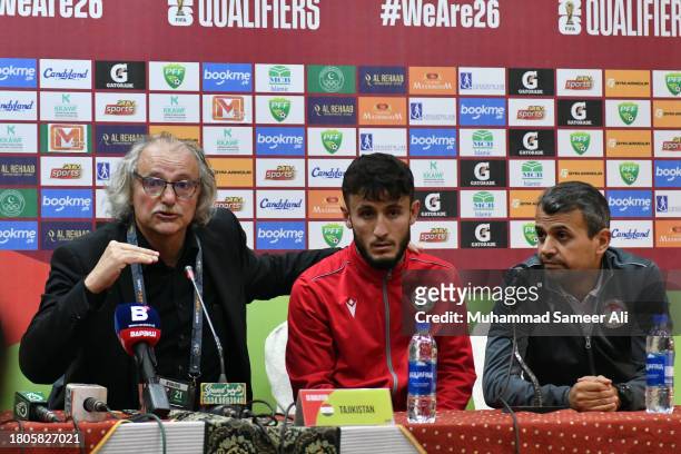 Petar Segrt coach of Tajikistan with Amadoni Kamolov player of Tajikistan during the post match press conference of 2026 FIFA World Cup AFC Qualifier...