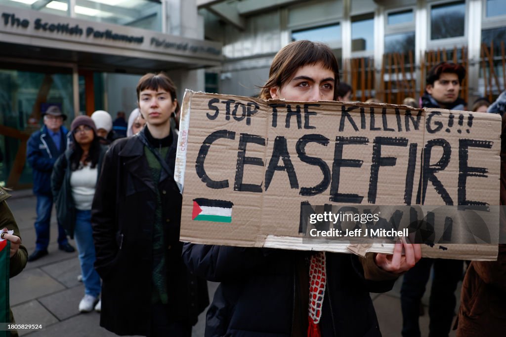 Protest Outside Scottish Parliament As MSPs Consider Gaza Ceasefire Motion