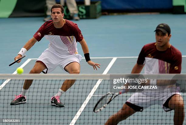 Venezuela's Luis Martinez and Roberto Maytin eye the ball during their Davis Cup doubles match against El Salvador Marcelo Arevalo and Rafael...