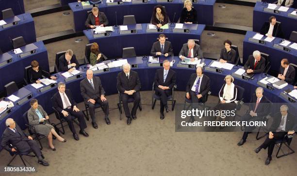 Former European Parliament presidents, from left, Emilio Colombo of Italy, Simone Veil of France, Lord Plumb of Britain, Enrique Baron Crespo of...