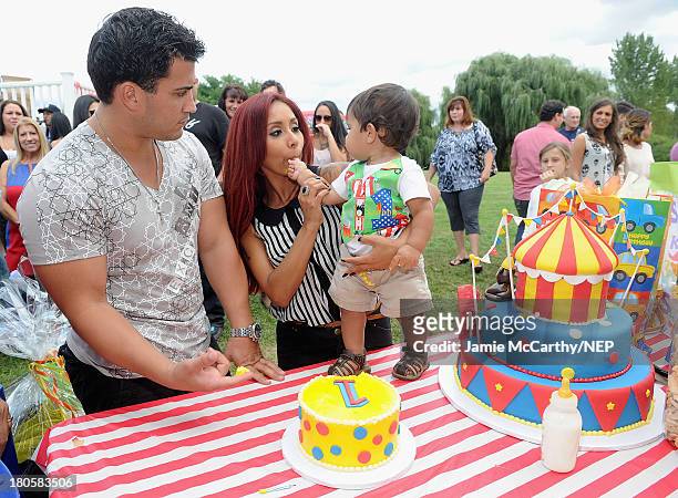 Jionni LaValle, Lorenzo Dominic LaValle and Nicole "Snooki" Polizzi celebrate Lorenzo Dominic LaValle's First Birthday on September 14, 2013 in...