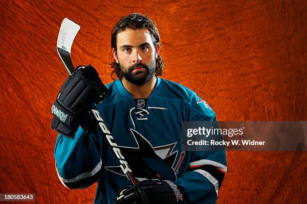 Nick Petrecki of the San Jose Sharks poses for a portrait on media day at the San Jose Sharks practice facility on September 11, 2013 in San Jose,...