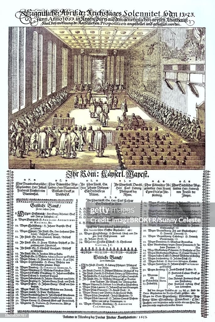 Digitally restored, The Reichstag, organised in the great hall of the town hall of Regensburg in 1653, Germany, publication from the year 1882, Digitally improved, The Reichstag, organised in the great hall of the town hall of Regensburg in 1653