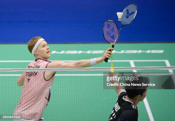 Anders Antonsen of Denmark competes in the Men's Singles first round match against Weng Hongyang of China on day one of the China Badminton Masters...