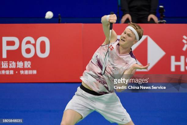 Anders Antonsen of Denmark competes in the Men's Singles first round match against Weng Hongyang of China on day one of the China Badminton Masters...