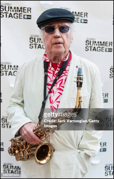 Year-old American Jazz musician Lee Konitz poses with his alto saxophone for a portrait backstage after headlining the final day of the 21st Annual...