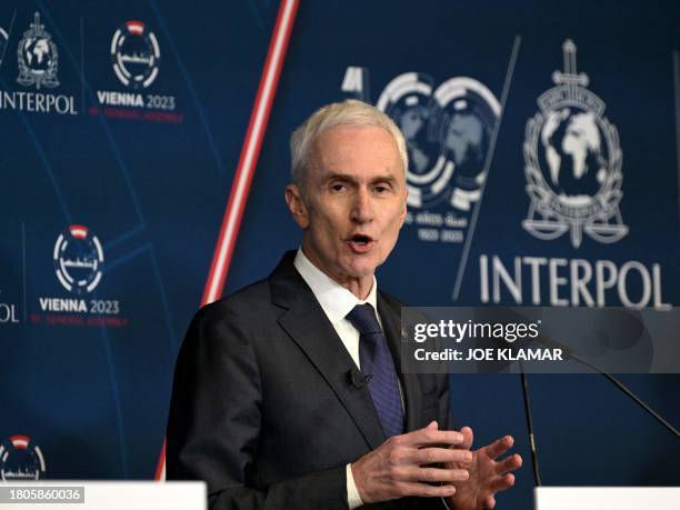 Secretary General of Interpol Jurgen Stock speaks during a joint press conference on day prior to the start of the 91st INTERPOL General Assembly at...