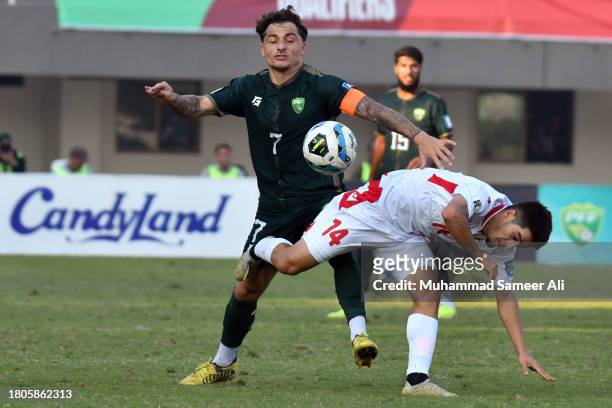 Otis Khan from Pakistan tries to hold the ball from 14# Alijoni Burizod of Tajikistan during the 2026 FIFA World Cup AFC Qualifier Group G match...