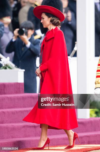 Catherine, Princess of Wales attends a ceremonial welcome for The President and the First Lady of the Republic of Korea at Horse Guards Parade on...