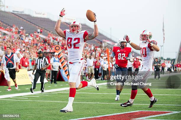 Tight end Tyler Higbee of the Western Kentucky Hilltoppers celebrates after scoring a touchdown during their game against the South Alabama Jaguars...