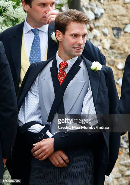 Harry Meade attends the wedding of his brother James Meade and Lady Laura Marsham at the Parish Church of St. Nicholas in Gayton on September 14,...