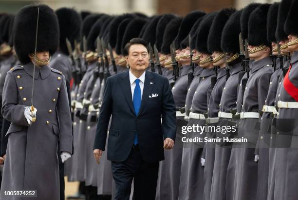 President of South Korea, Yoon Suk Yeol attends a ceremonial welcome for The President and the First Lady of the Republic of Korea at Horse Guards...