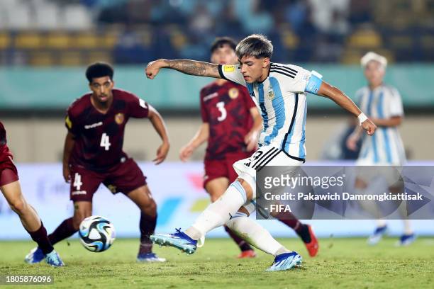 Agustin Ruberto of Argentina scores the team's fifth goal during the FIFA U-17 World Cup Round of 16 match between Argentina and Venezuela at Si...