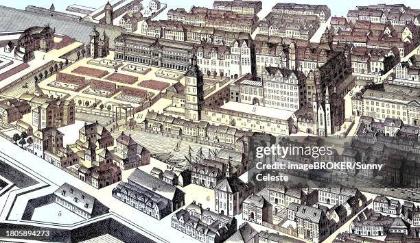 orangery, pleasure, garden, residential, palace, cathedral, armoury, friedrich-werder, church, and, town, hall, palace, mill, goose, track, electoral, stable, horse, stable, long, bridge, holy, spirit, dog, bridge, digital, improved, reproduction, from - arsenal bridge stock illustrations