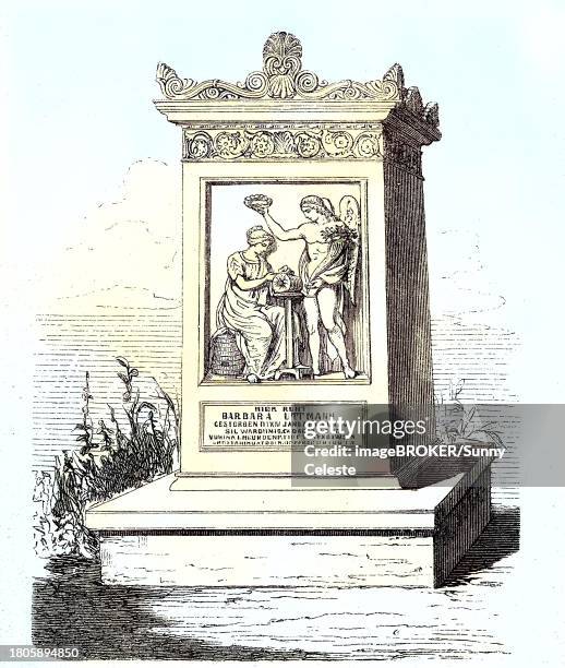ilustraciones, imágenes clip art, dibujos animados e iconos de stock de the monument of barbara uttmann at the cemetery at annaberg in saxony, germany, barbara uthmann, born around 1514 in annaberg in the ore mountains in germany, died 14 january 1575, was considered one of the greatest proponents of lace-making, reproduction - alemania del este