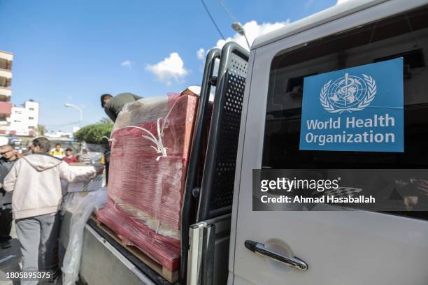 An aid truck carrying medicine and medical supplies for Nasser Medical Hospital is unloaded having entered through the Rafah crossing on November 21,...