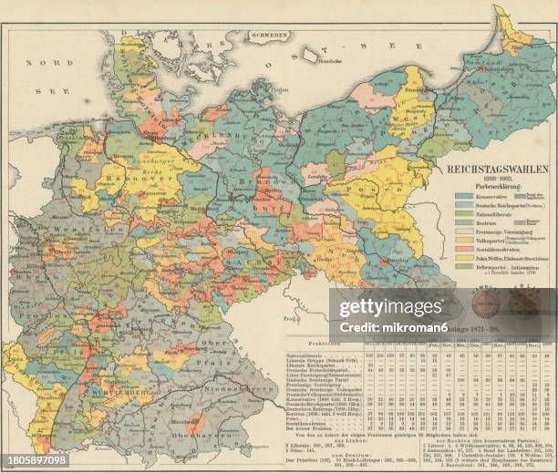 old chromolithograph map of political factions of the german reichstag (1871-1898) - mitte stock pictures, royalty-free photos & images
