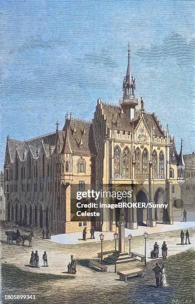 ilustrações, clipart, desenhos animados e ícones de the new town hall in erfurt, germany, reproduction of an image, woodcut from the year 1881, digitally restored, historical, the new town hall in erfurt, reproduction of an image, woodcut from the year 1881, digitally improved, historical - erfurt