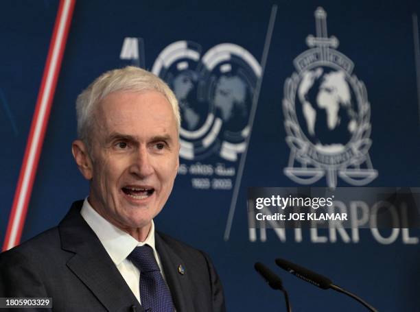 Secretary General of Interpol Jurgen Stock speaks during a joint press conference on day prior to the start of the 91st INTERPOL General Assembly at...
