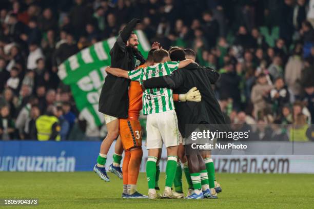 Players of Real Betis are celebrating their win in the La Liga EA Sports match against UD Las Palmas at Benito Villamarin in Seville, Spain, on...