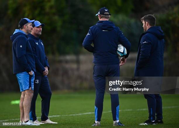 Dublin , Ireland - 27 November 2023; Leinster coaches, from left, backs coach Andrew Goodman, senior coach Jacques Nienaber, head coach Leo Cullen...