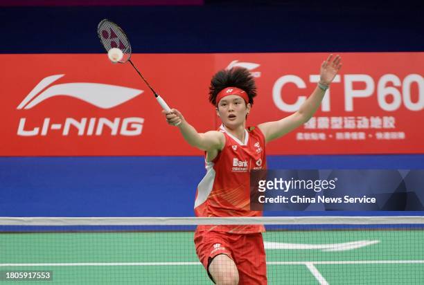 Wang Zhiyi of China competes in the Women's Singles first round match against Pai Yu-po of Chinese Taipei on day one of the China Badminton Masters...
