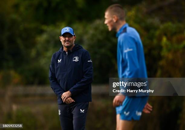 Dublin , Ireland - 27 November 2023; Senior coach Jacques Nienaber and Sam Prendergast during a Leinster Rugby squad training at UCD in Dublin.