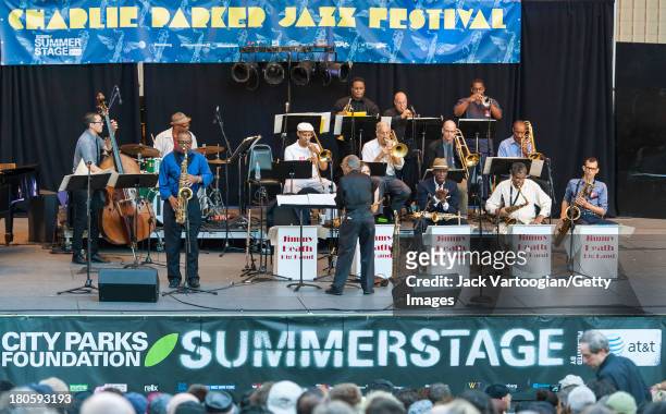 American Jazz composer, arranger, and musician Jimmy Heath conducts his Big Band with Bobby LaVell soloing on tenor saxophone at the premiere of the...