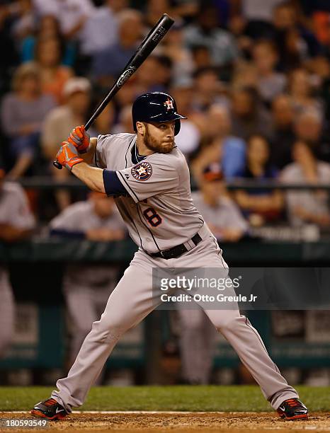 Trevor Crowe of the Houston Astros bats against the Seattle Mariners at Safeco Field on September 10, 2013 in Seattle, Washington.