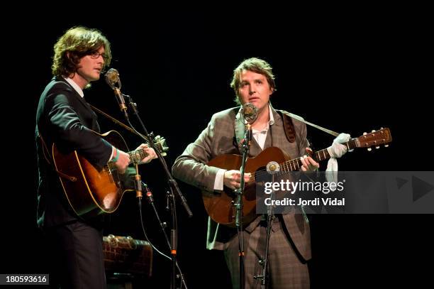 Joey Ryan and Kenneth Pattengale of The Milk Carton Kids perform on stage at Take Root Festival 2013 at De Oosterport on September 14, 2013 in...