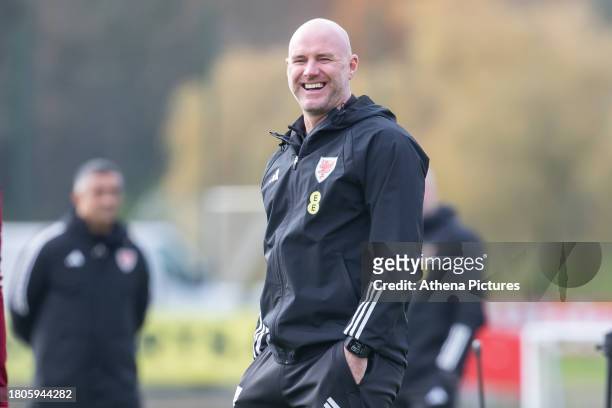 Head Coach of Wales Rob Page laughs during the Wales Training Session at The Vale Resort on November 20, 2023 in Hensol, Wales.